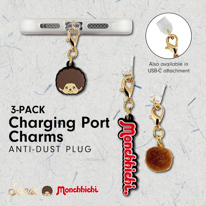 Sonix Dust Plugs - USB C + Lightning Compatible - Monchhichi Silicone Character Charging Port Charms (3 Pack) - Monchhichi, Pom Pom, Logo - Image 5